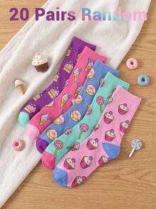 1/5/20 pares de calcetines de media caña para mujer con patrones de donuts, piruletas y helados, calcetines casuales coloridos, dulces y divertidos, estilo versátil - Multicolor - Ver 13