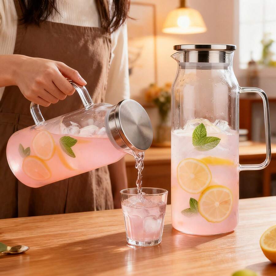 1pc Glass Water Pitcher 1000ml/1200ml/1500ml/2000ml (With Lid And Handle), Suitable For Refrigerator, Iced Tea And Coffee Pot Beverage Dispenser; Heat-Resistant Borosilicate Glass Material, Suitable For Cold And Hot Drinks And Milk Container. - Multicolor - View 1