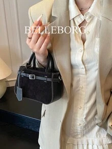 休閒拼色紋理百搭通勤復古帆布肩帶扣環女款小方包手提包 - 黑色 - 查看 5