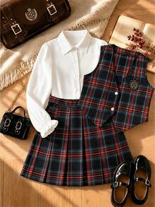 Back To School Season Girls Fashion Casual Campus Style Long Sleeve Shirt With Plaid Vest And Plaid Skirt 3-Piece Set - Multicolor - View 2