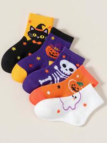 5 Pairs Kids Halloween Themed Mid-Calf Socks, Pumpkin, Ghost And Black Cat Color Block Pattern, Boys Girls Holiday Party Socks - Multicolor - View 4