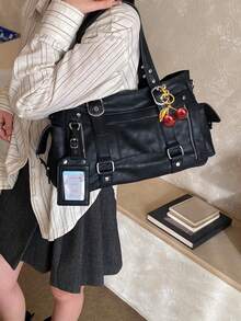 Fashionable Large Capacity Multi Pocket Solid Color Shoulder Bag, Simple Retro Punk Style Daily Underarm Bag, Suitable For Commuting, Daily Outings - Black - View 3