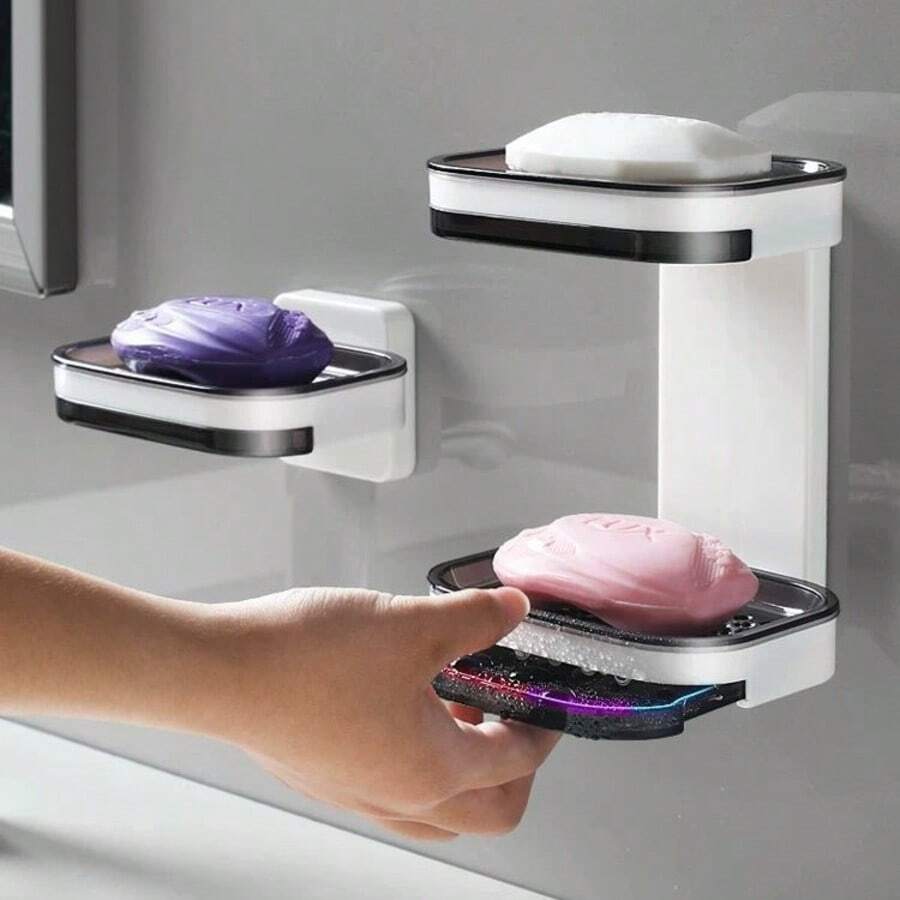 1pc Bathroom Wall Mounted Soap Dish, Double Layer No-Drill Wall Mounted Soap Holder, Self-Draining Soap Rack, Suitable For Soap, Silicone Soap Holder With Drainage Holes, Soap Dish, Soap Rack, Soap Bottle, Cup, Sink Or Countertop Storage Rack, Kitchen Countertop Home Bathroom Decor, Autumn Decor, Back To School Decor