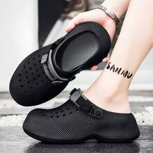 Men's Outdoor Casual Thick Sole Height-Increasing Clogs, 3D Textured Dual-Tone, Comfortable Indoor/Outdoor, Versatile For Vacation, Work, Commute, Couple Style, Spring/Summer - Black - View 11
