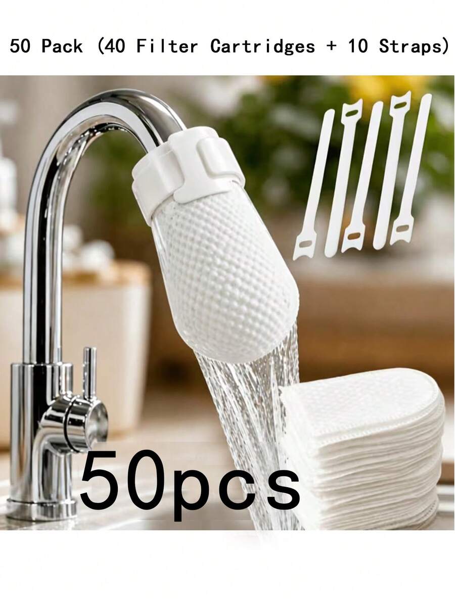 50pcs (40 Filter Cartridges + 10 Straps) High Density Non-Woven Fabric Faucet Filter, Kitchen & Bathroom Universal Tap Water Filter Cartridge, Easy Installation Home Water Purification Accessory, For Filtering Rust, Sediment And Impurities