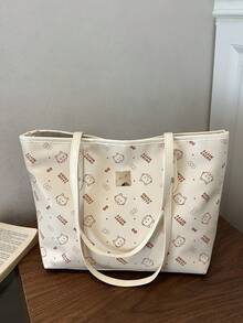 1 pieza Bolso tote minimalista y de moda de gran capacidad con decoración de lazo, cierre de cremallera, unicolor ligero, asas duales para llevar en la mano y al hombro, adecuado para la vida diaria de las mujeres, uso casual, desplazamientos, trabajo y uso escolar de estudiantes - Blanco - Ver 1