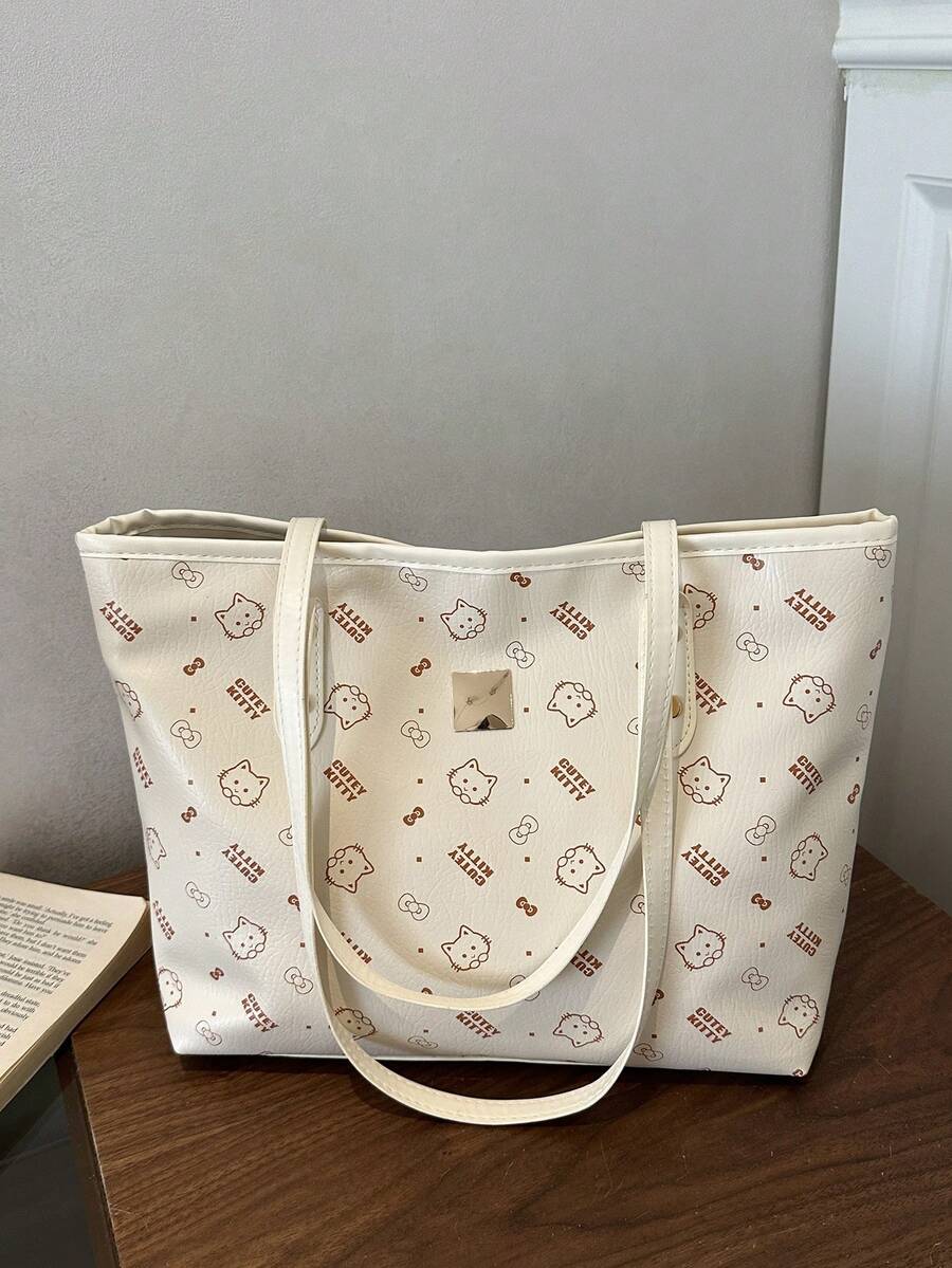 1 pieza Bolso tote minimalista y de moda de gran capacidad con decoración de lazo, cierre de cremallera, unicolor ligero, asas duales para llevar en la mano y al hombro, adecuado para la vida diaria de las mujeres, uso casual, desplazamientos, trabajo y uso escolar de estudiantes - Blanco - Ver 1