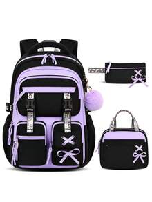 3-Piece Detachable Ribbon Backpack Set, Buckle Design School Bag With Tote Bag And Pencil Case, Suitable For Campus And Travel - A - View 15