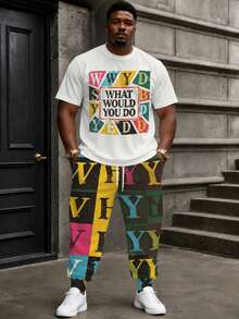 Plus Size Men's 2 Pieces Set, Men's Long Pants, Graphic T-Shirt, Streetwear Series "Colorful Retro Letter Slogan Colorblock Print" Pattern Outfit - Polyester Fabric, Drawstring, Pockets, Suitable For Plus Size Body - Multicolor - View 4
