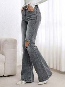 Women's Distressed Elastic Skinny Flare Jeans Casual - Grey - View 3