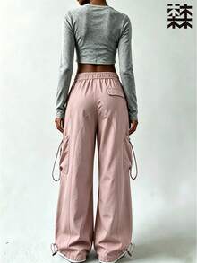 mulinsen Women's Drawstring Waist Cargo Pants, Casual Wide Leg Multi-Pocket Parachute Pants, Loose Street Style Tapered Leg Long Pants - Pink - View 3