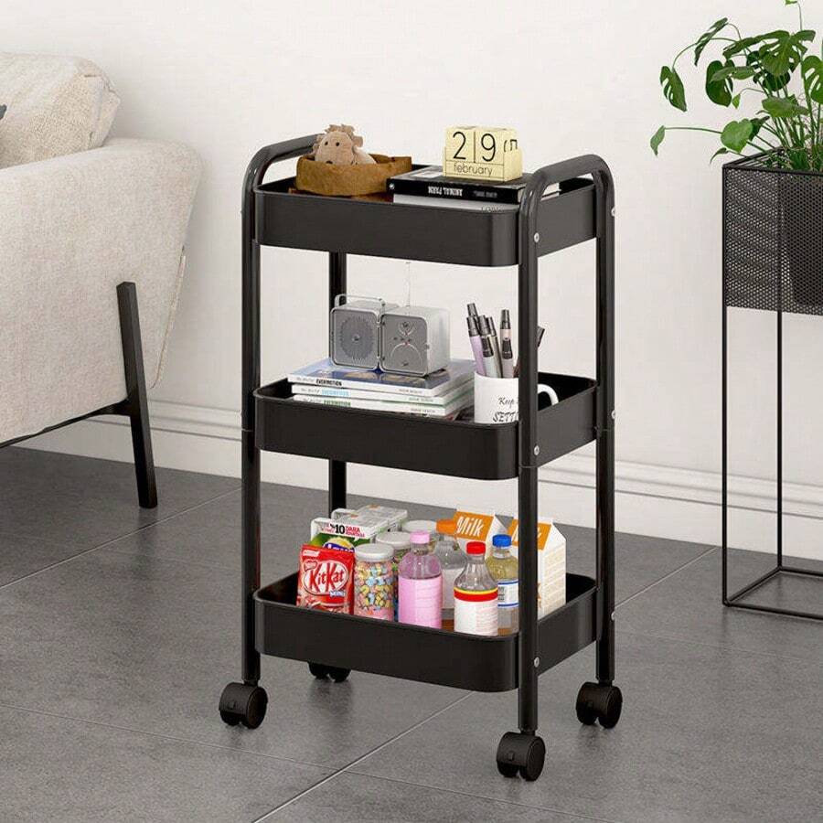3 Layer Removable Metal Utility Trolley With Rotatable Wheels, Modern Minimalist Carbon Steel Rolling Storage Rack For Household Sundries Kitchen Bedroom Bathroom Use - View 1