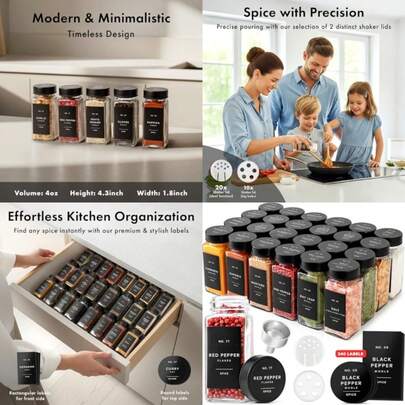Glass Spice Jars With Label, Seasoning Set, 24x Black Steel Lids Airtight Lids Keep Spices Fresh, Kitchen Spice Drawer Organizer, 4oz Seasoning Containers Incl. Funnel, Brush And 240 Labels