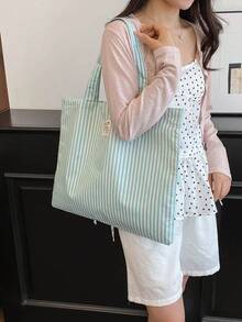 Striped Casual Large Capacity Minimalist Shopping Vacation College Tote Bag - Green - View 4