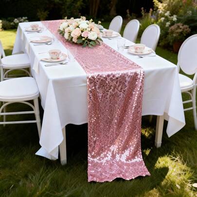 1pc Shiny Rose Pink Sequin Table Runner, Valentine's Day Date Decor, Theme Wedding Banquet Atmosphere Decoration, Cake Bakery Table Decor, Suitable For Cake Shop, Coffee Shop, Afternoon Tea, Valentine's Day, Christmas, Halloween, Thanksgiving, Birthday Party, Anniversary, Corporate Annual Meeting, Engagement Ceremony, Wedding Banquet, Business Gathering, Winter, New Year, Harvest Festival, Outdoor Camping