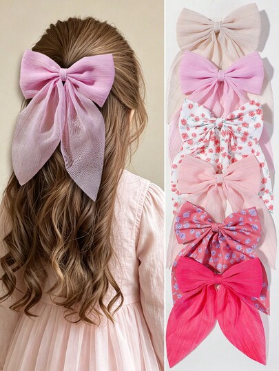 6pcs Girls Baby Simple Chiffon Fabric Large Bow Hair Clips, Elegant Sweet Cute Floral Hair Accessories, Top Clip Back Head Side Clip, Alligator Hair Clip For Back To School And Daily Use