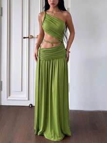 DOUCIU Women's Sleeveless One-Shoulder Knit Maxi Dress, Backless Slim Fit With Loose Hem - Green - View 4