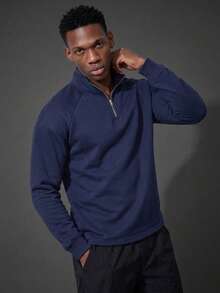 Camvyn Men's Autumn/Winter Casual Versatile Faux Drop Shoulder Loose Raglan Sleeve Zip-Up Collar Sweatshirt - Navy Blue - View 1
