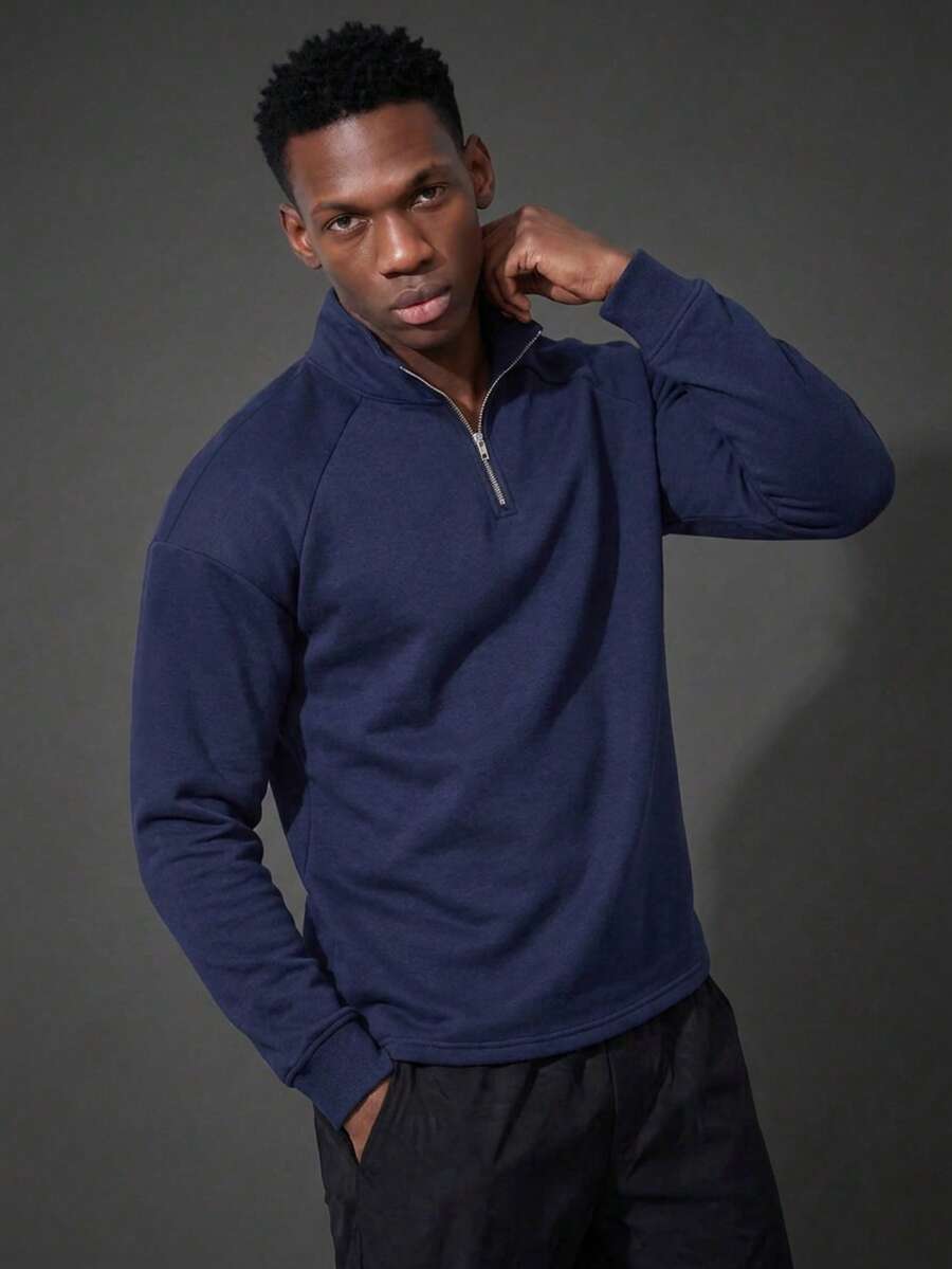 Camvyn Men's Autumn/Winter Casual Versatile Faux Drop Shoulder Loose Raglan Sleeve Zip-Up Collar Sweatshirt - Navy Blue - View 1