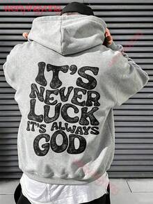 Men's Loungewear Black Hoodie For Men With White Print "It's Never Luck, It's God" On The Back - Casual Sweatshirt, Religious Faith Clothing, Warm-L91 - 灰色 - 查看 11
