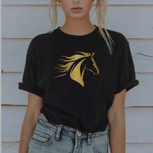 Fire Horse Shirt Gold Horse Graphic Tee Zodiac Year Of The Fire Horse 2026 Tshirt Equestrian Style Animal Lover Western Minimalist Design ZJ1D - Black - View 1