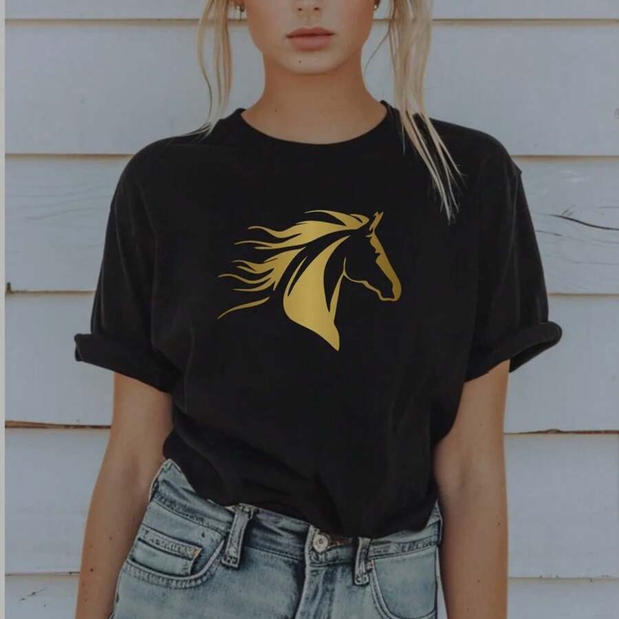 Fire Horse Shirt Gold Horse Graphic Tee Zodiac Year Of The Fire Horse 2026 Tshirt Equestrian Style Animal Lover Western Minimalist Design ZJ1D - Black - View 1