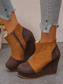 1 Pair Women's Autumn/Winter New Colorblock Patchwork Wedge Ankle Boots, Thick Waterproof Platform Side Zipper Retro Slimming Height-Increasing Bare Boots - Yellow - View 4