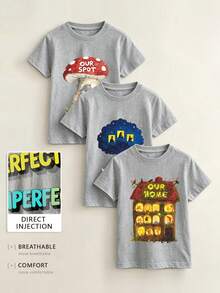 3-Pack Tween Girl Heather Gray T-Shirts, DTG Mushroom Tree House "Our Spot" Watercolor Cotton Tee Set - Gray + Gray + Gray - View 1