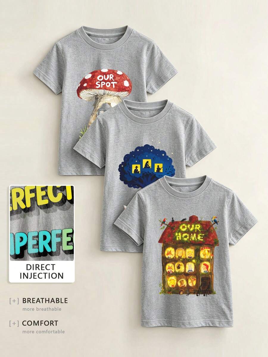 3-Pack Tween Girl Heather Gray T-Shirts, DTG Mushroom Tree House "Our Spot" Watercolor Cotton Tee Set - Gray + Gray + Gray - View 1