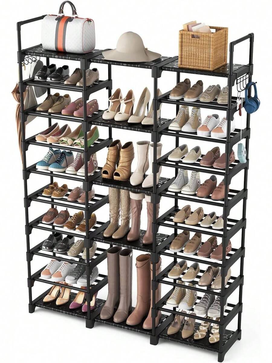 Vicye 10 Tier Metal Shoe Rack, 54-62 Pairs Shoes, Space Saving, With Hooks Entryway Living Room Bedroom WJYH - Black - View 1