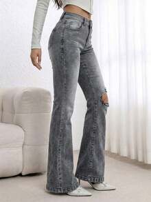 Women's Distressed Elastic Skinny Flare Jeans Casual - Grey - View 4
