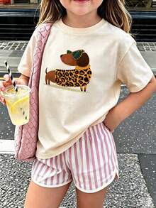 女童時尚豹紋臘腸狗圖案前印花T恤，青少年女孩休閒寬鬆短袖夏季小狗印花T恤 - 杏色 - 查看 7