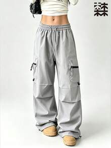 mulinsen Women's Drawstring Waist Cargo Pants, Casual Loose Streetwear Techwear Style Long Pants - Light Grey - View 3