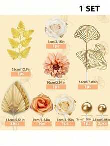 1 Set Bohemian Style Cake Decoration Kit, Includes Gold Fans, Artificial Roses, Artificial Gold Ginkgo Leaves And Ball Decorations, Suitable For Weddings, Birthdays, Bohemian Style Floral Theme Parties And Other Occasions (Gold, Please Use With Sticks) - Gold - View 7