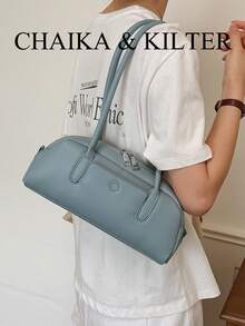 CHAIKA & KILTER 1件裝純色PU布料女款時尚波士頓保齡球肩背包，金屬孔眼裝飾，雙手把設計，拉鍊開合，適合日常與街頭使用 - 淺藍色 - 查看 8