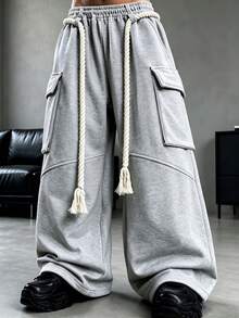 HEYKESON Men's Twisted Tassel Drawstring Cargo Loose Wide Leg Sweatpants - Light Grey - View 2