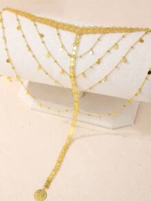 1Pc Retro Multi-Layer Disc Tassel Women Head Chain, Wide Belt Spliced With Dense Small Discs, Hair Jewelry For Arab Brides Wedding Festival - Gold - View 5