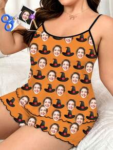 Women's Customized Face Photo Halloween Pajama Set, Personalized Photo Witch Hat Lingerie, Fun Orange Camisole & Shorts Loungewear Set - Multicolor - View 3