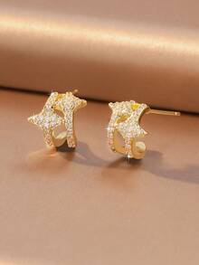 1 Pair/Luxury Style Gold & Silver Dual-Tone Plated Hollow Full-Pave Zirconia Star Half-Hoop Stud Earrings, Women's Daily Commute Date Birthday Valentine's Day Gift Earrings - Multicolor - View 10