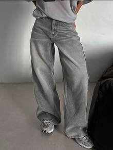 Teen Girls Loose Drapey Street Style Vintage Wide Leg Denim Jeans - Grey - View 4