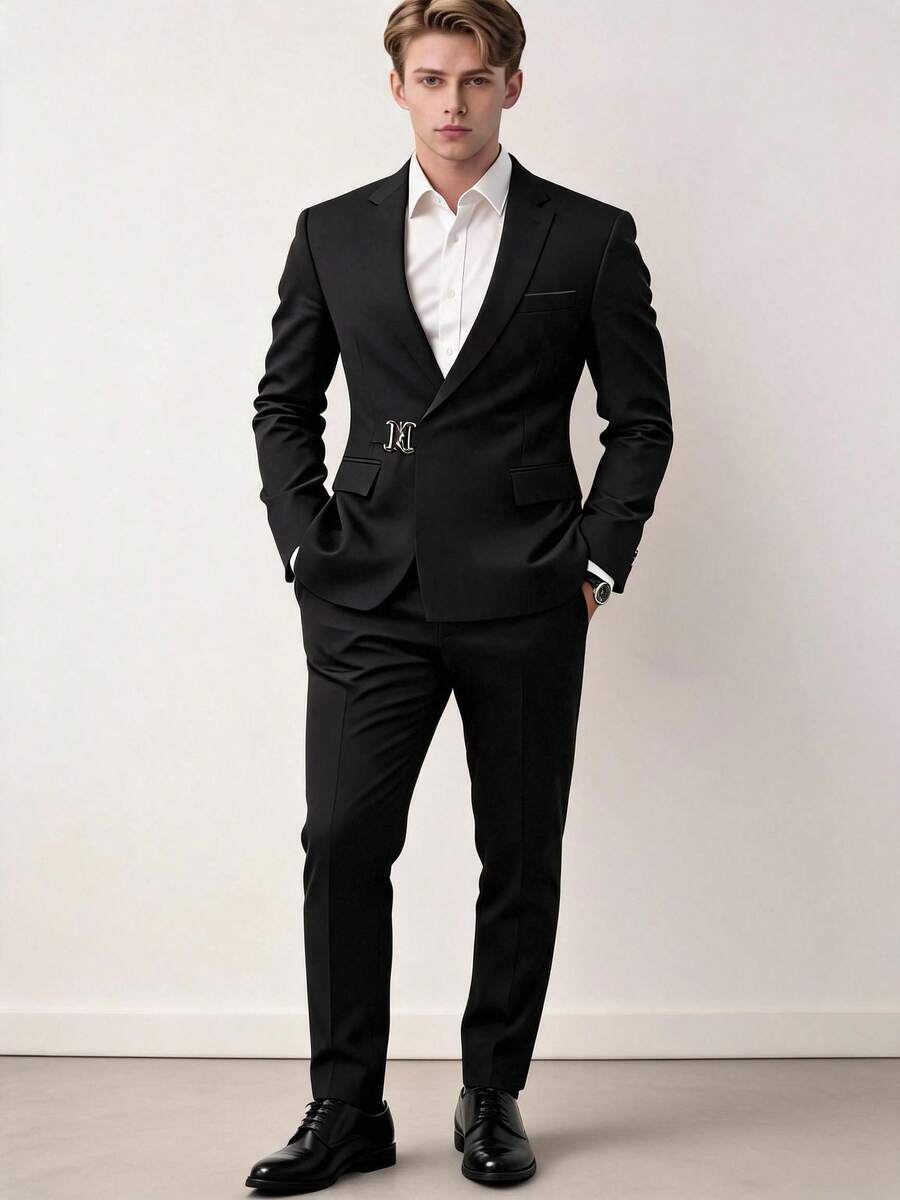 2pcs Men's Slim Fit Stylish Side Metal Buckle Fashionable Black Suit Jacket + Pants, Wedding/Party Formal Wear - Black - View 1