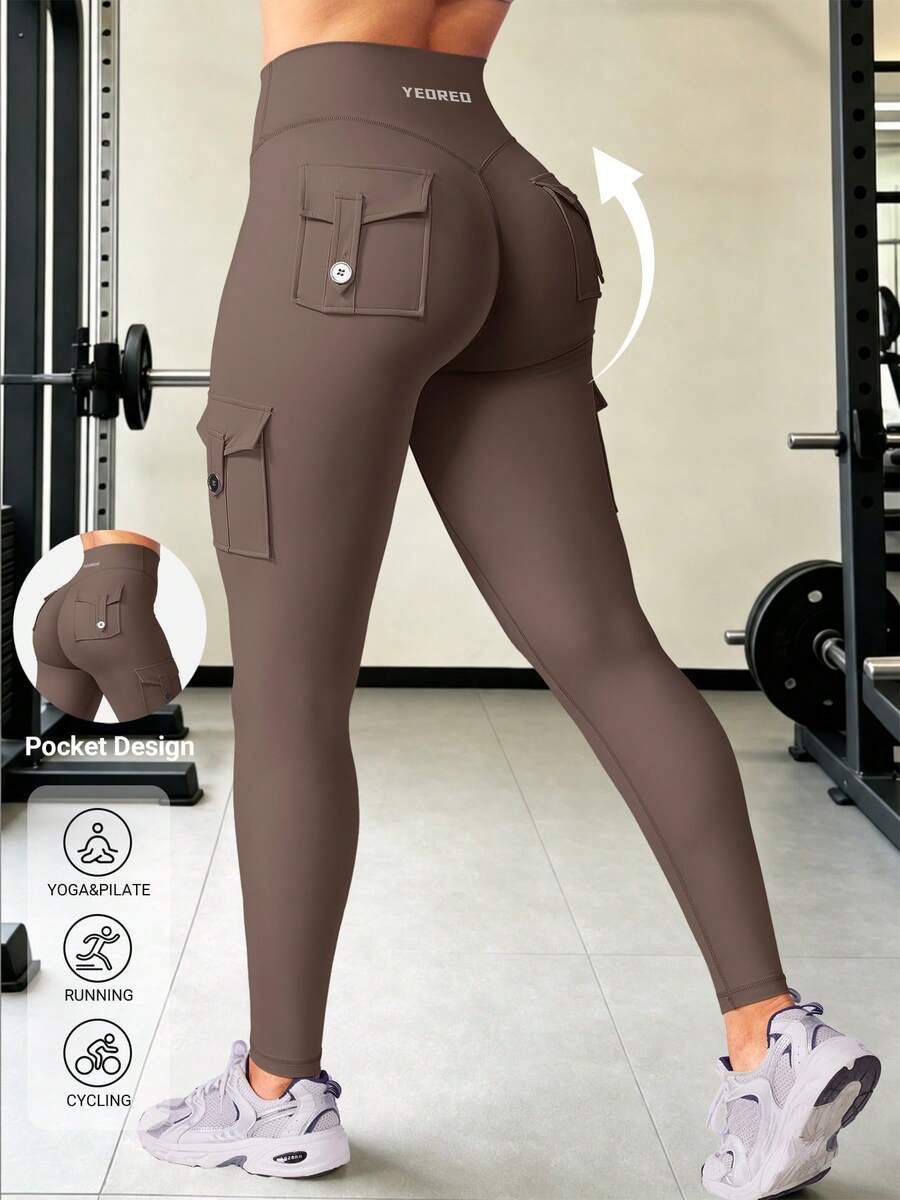 YEOREO Leggings With Pockets For Women Scrunch Workout Leggings Tummy Control Butt Lifting Gym Yoga Leggings Yoga Pants For Women Black Pants Winter Leggings - 咖啡 - 查看 1