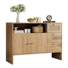 Chest Of Drawers, Sideboard, Side Table; With Four Drawers And Two Doors; Suitable For Living Room And Kitchen; Black And Natural Tones, Dimensions: Width 120 X Depth 35.5 X Height 90.5 - Natural + Particle Board - View 4