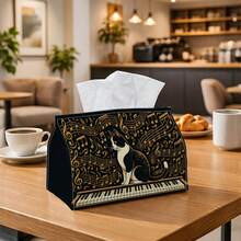 1pc Vintage Music Tissue Box - Multi-Functional Napkin Dispenser, 2 Sizes Available, Durable Polyester Material, Decorated With Suit Cat Piano Pattern, Suitable For Living Room, Holiday Theme Home Decor And Party Supplies - Multicolor - View 2