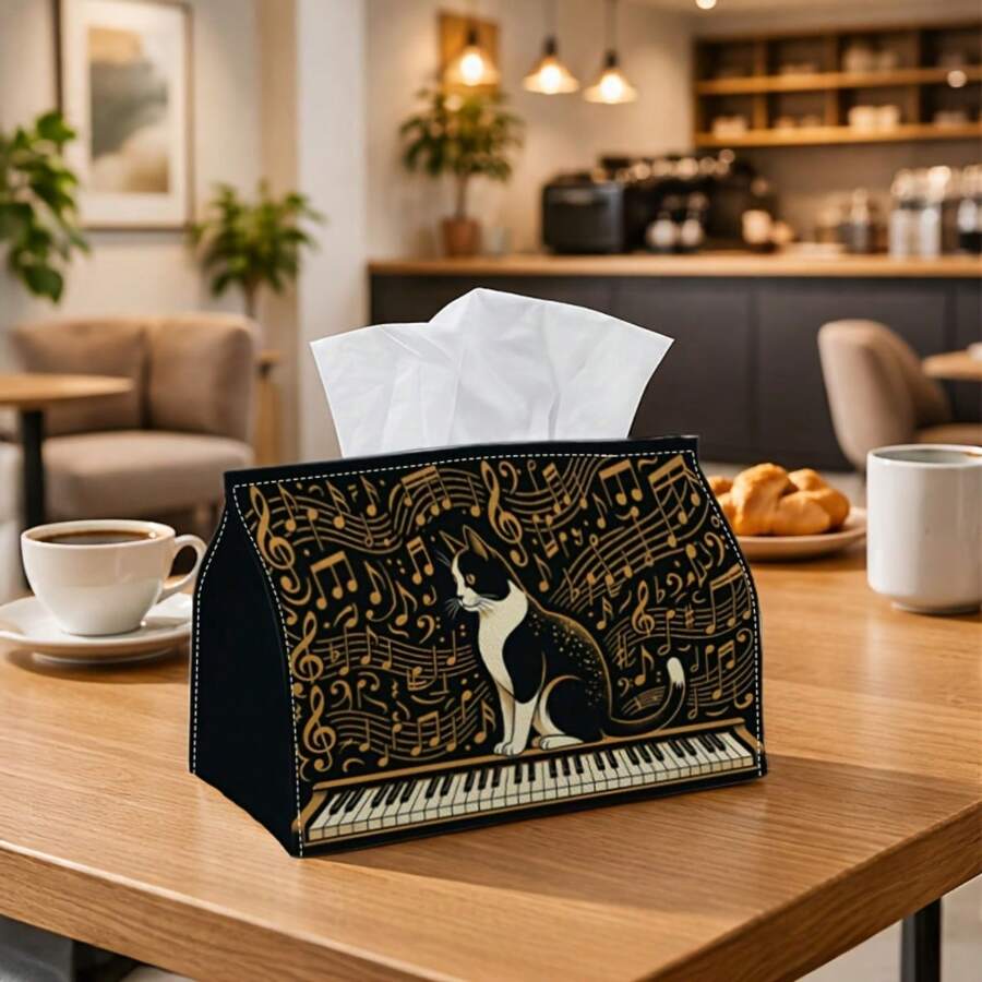 1pc Vintage Music Tissue Box - Multi-Functional Napkin Dispenser, 2 Sizes Available, Durable Polyester Material, Decorated With Suit Cat Piano Pattern, Suitable For Living Room, Holiday Theme Home Decor And Party Supplies