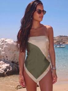 1 Peça Lenço Quadrado de 90cm com Estampa Geométrica Minimalista e Elegante para Mulheres, Adequado para Uso Casual e Fashion na Rua, Faixa de Cabeça, Faixa de Cabelo, Proteção Solar ao Ar Livre, Perfeito para Estilizar seu Visual - Verde Oliva - Visão 3