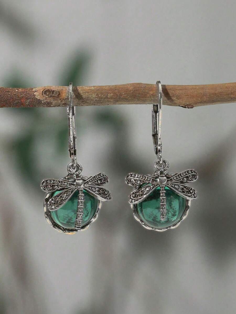 1 Pair Vintage Dragonfly Green Crystal Pendant Earrings, Bohemian Jewelry For Women, Party - Dark Green - View 1