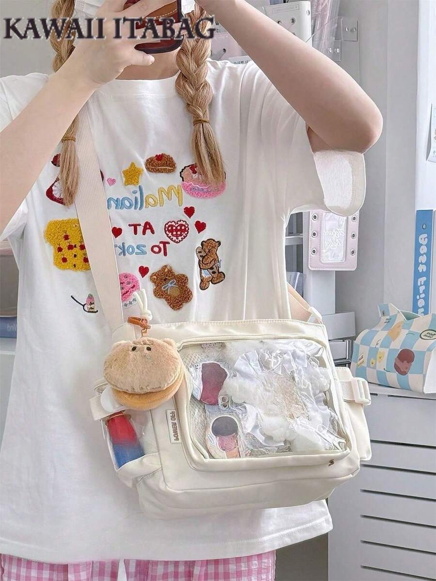 Cute Small Bag For Girls, Solid Color With Transparent Pocket, 10cm Doll Bag, Japanese School Style Crossbody Bag, Women's Wallet And Handbag, DIY Shoulder Bag With Badge Display Board, Back To School Gift, Anime Fan Concert Badge Bag - White - View 1