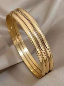 3pcs/Set Vintage Minimalist 18K Gold Plated Stainless Steel Polished Closed Bangle Bracelet Suitable For Women's Daily And Wedding Wear Gift - Yellow Gold - View 4