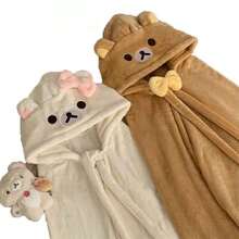 San-X Rilakkuma 慵懶熊卡通連帽披肩睡衣，加厚保暖冬季睡袍，寬鬆午睡毯 - 彩色 - 查看 5
